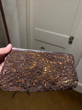 Lord & Taylor Brown Beaded Clutch with Amber Bead Accents